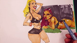 porn artist draws sexy girls with big boobs , markers quick sketch
